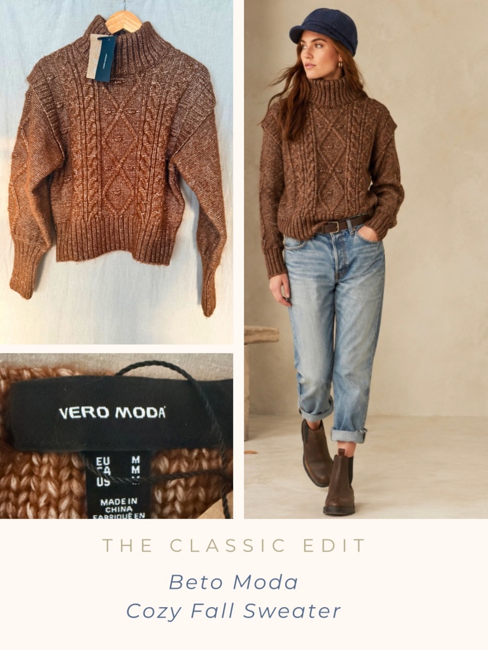 Vero Moda Women's Chestnut Brown Cable Knit Turtleneck Sweater Cozy Fall NWT